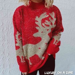Fuzzy Red Gold Knit Round Neck Classy Holiday Christmas Winter Sweater Reindeer